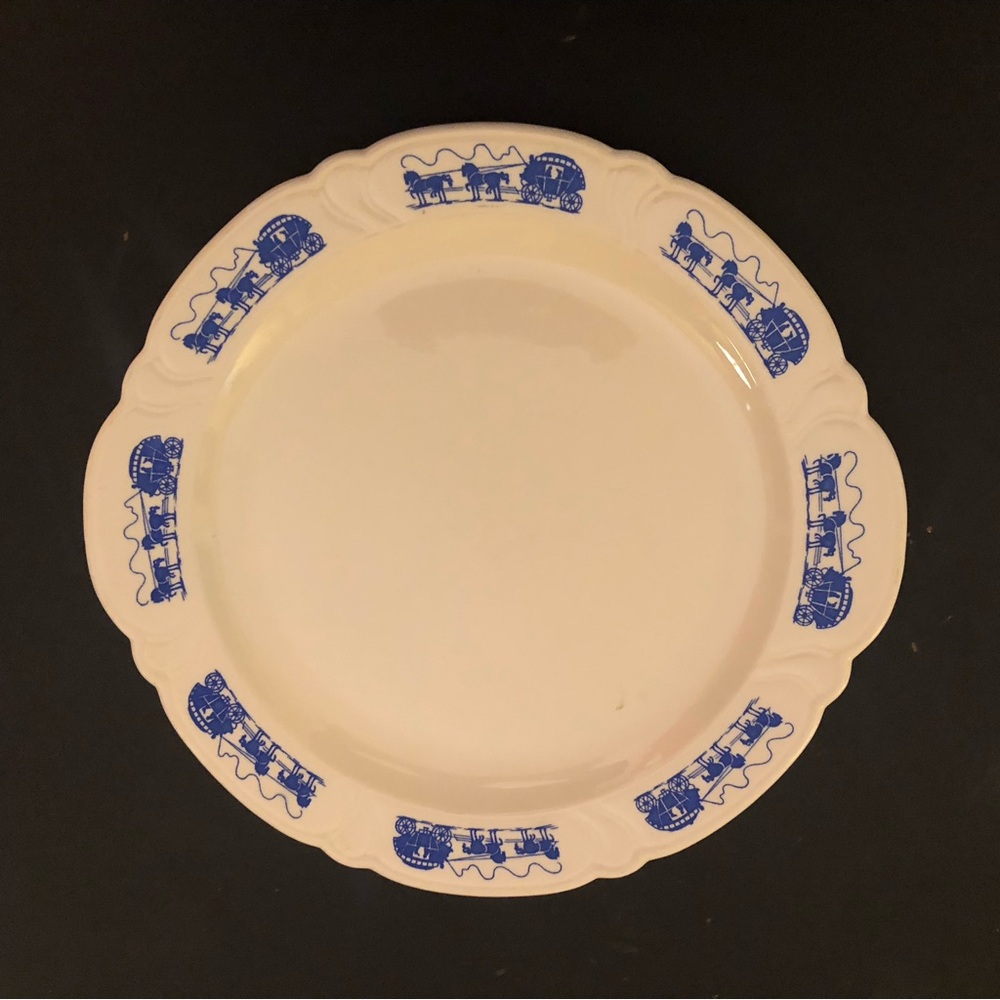Taylor Smith Taylor White Ceramic Plate Blue Carriage Transferware Border RARE